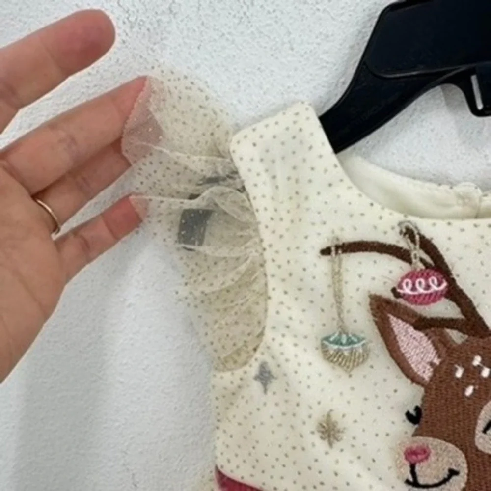 Zunie Nordstrom 12MO‎ Ivory Christmas Reindeer Dress Tulle Ruffle Holiday Party